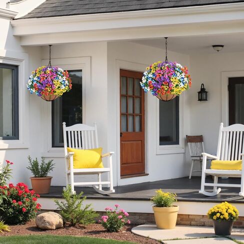 Artificial Hanging Flowers with Baskets for Outdoors, Fake Silk Pansy Flowers UV Resistant Faux Hanging Plants for Front Porch Patio Yard Home Spring Summer Decoration, Multicolor in Saudi Arabia