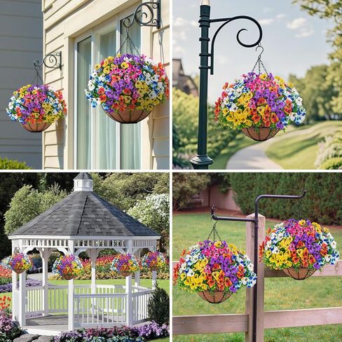 Artificial Hanging Flowers with Baskets for Outdoors, Fake Silk Pansy Flowers UV Resistant Faux Hanging Plants for Front Porch Patio Yard Home Spring Summer Decoration, Multicolor in Saudi Arabia