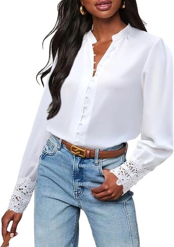 Neweek Womens Button Down Shirts Lace Cuff Long Sleeve Chiffon Dressy Tops Band Collar Fall Business Casual Blouses 2025 in Kuwait