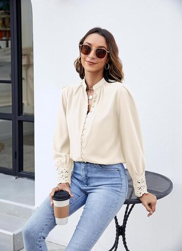 Neweek Womens Button Down Shirts Lace Cuff Long Sleeve Chiffon Dressy Tops Band Collar Fall Business Casual Blouses 2025 in Kuwait