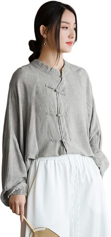 NFYM Women's Retro Button Down Shirts Open Front Long Sleeve Chinese Style Loose Fit Tang Suit Blouse Tops in Saudi Arabia