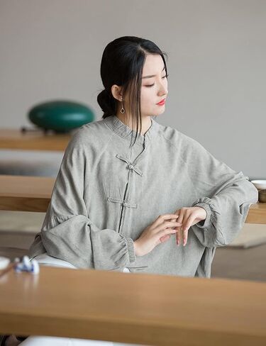 NFYM Women's Retro Button Down Shirts Open Front Long Sleeve Chinese Style Loose Fit Tang Suit Blouse Tops in Saudi Arabia