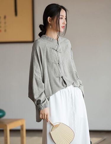 NFYM Women's Retro Button Down Shirts Open Front Long Sleeve Chinese Style Loose Fit Tang Suit Blouse Tops in Saudi Arabia