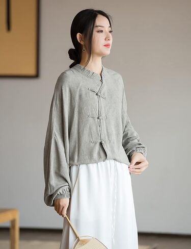 NFYM Women's Retro Button Down Shirts Open Front Long Sleeve Chinese Style Loose Fit Tang Suit Blouse Tops in Saudi Arabia