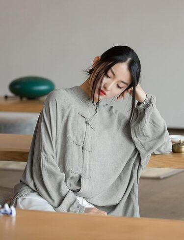 NFYM Women's Retro Button Down Shirts Open Front Long Sleeve Chinese Style Loose Fit Tang Suit Blouse Tops in Saudi Arabia