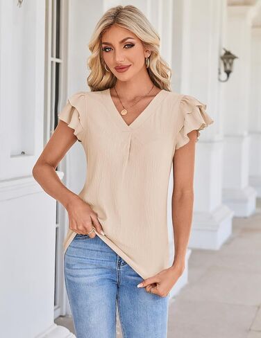 Simplefun Womens Dary Tops Tops Shuffle Short Sleeve أعمال العمل البلوزات ضد القمصان الصيفية الرقبة in Kuwait
