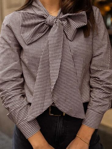Cicy Bell Womens Plaid Shirts Bow Tied Neck Button Down Long Sleeve Casual Dressy Blouse Tops in Saudi Arabia