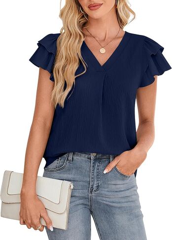 SimpleFun Womens Dressy Casual Tops Ruffle Short Sleeve Business Work Blouses V Neck Summer Shirts in Saudi Arabia