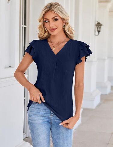 SimpleFun Womens Dressy Casual Tops Ruffle Short Sleeve Business Work Blouses V Neck Summer Shirts in Saudi Arabia