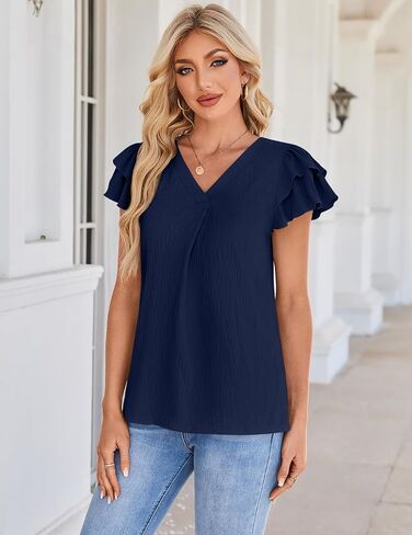SimpleFun Womens Dressy Casual Tops Ruffle Short Sleeve Business Work Blouses V Neck Summer Shirts in Saudi Arabia