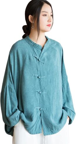 NFYM Women's Retro Button Down Shirts Open Front Long Sleeve Chinese Style Loose Fit Tang Suit Blouse Tops in Saudi Arabia