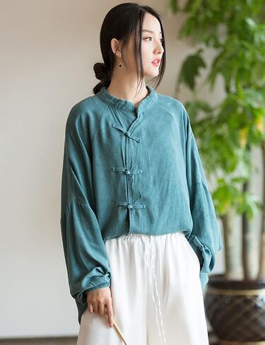 NFYM Women's Retro Button Down Shirts Open Front Long Sleeve Chinese Style Loose Fit Tang Suit Blouse Tops in Saudi Arabia