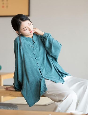 NFYM Women's Retro Button Down Shirts Open Front Long Sleeve Chinese Style Loose Fit Tang Suit Blouse Tops in Saudi Arabia