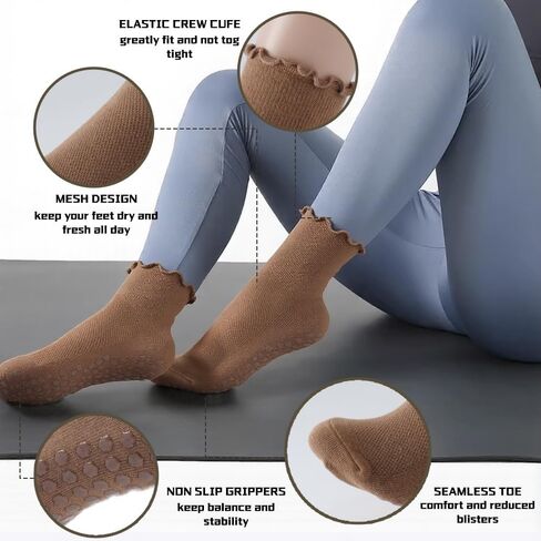 6-Pack Mesh Pilates Socks: Cute Woman Grip Socks for Yoga Girls Aged 18-28 - Breathable Ruffle for Barre & Gym in Kuwait
