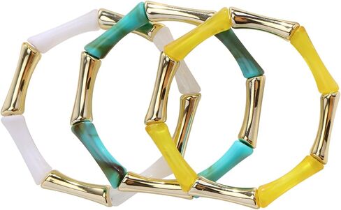 Firstmeet 3pcs Colorful Bamboo Tube Bangle Bracelets Stacking Chunky Acrylic Beads Stretch Gold Bracelet for Women in Saudi Arabia