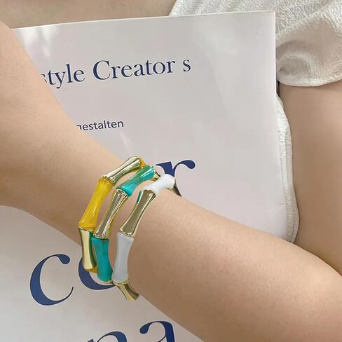 Firstmeet 3pcs Colorful Bamboo Tube Bangle Bracelets Stacking Chunky Acrylic Beads Stretch Gold Bracelet for Women in Saudi Arabia