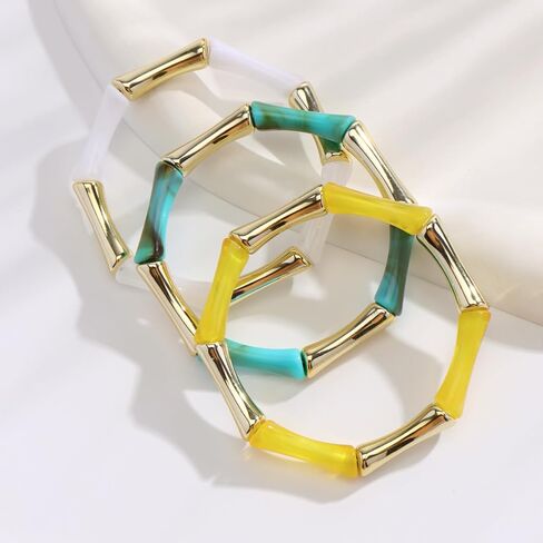 Firstmeet 3pcs Colorful Bamboo Tube Bangle Bracelets Stacking Chunky Acrylic Beads Stretch Gold Bracelet for Women in Saudi Arabia