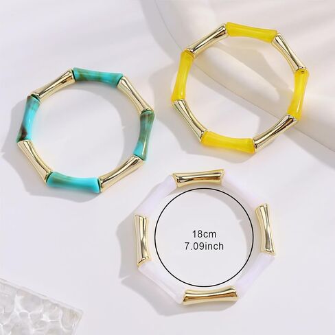 Firstmeet 3pcs Colorful Bamboo Tube Bangle Bracelets Stacking Chunky Acrylic Beads Stretch Gold Bracelet for Women in Saudi Arabia