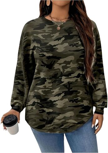Women's Plus Size Camo Sweatshirts Crewneck Long Sleeve Drop Shoulder Fall Tops in Saudi Arabia