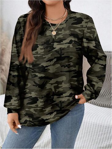 Women's Plus Size Camo Sweatshirts Crewneck Long Sleeve Drop Shoulder Fall Tops in Saudi Arabia
