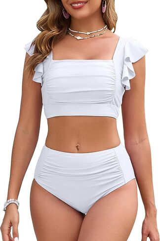 Women High Waisted Bikini Sets Square Neck Swimsuits Ruffle Cheeky Tummy Control Solid Two Piece Bathing Suit in Kuwait