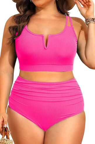 Women Plus Size High Waisted Bikini - Ribbed Two Piece Swimsuit Tummy Control Bathing Suit V-Wired 2025 Swimwear in Saudi Arabia