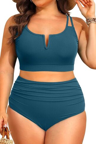 Women Plus Size High Waisted Bikini - Ribbed Two Piece Swimsuit Tummy Control Bathing Suit V-Wired 2025 Swimwear in Saudi Arabia