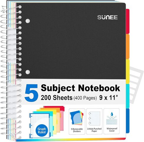 SUNEE 5 Subject Graph Paper Notebook - 400 Pages, 8.5"x11", 4x4 Graph Ruled Notebook, 5 Pocket Colored Dividers, 3-Hole Punched Paper, Black in Kuwait