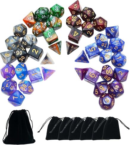 SmartDealsPro 6 x 7 Sets (42 pcs) Glitter Polyhedral Dice Sets with Pouches for DND RPG MTG Dungeon and Dragons Table Board Roll Playing Games D4 D8 D10 D12 D20 (6 Sets) in Kuwait