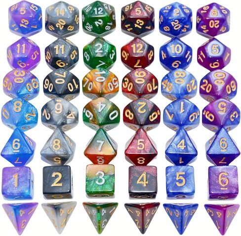 SmartDealsPro 6 x 7 Sets (42 pcs) Glitter Polyhedral Dice Sets with Pouches for DND RPG MTG Dungeon and Dragons Table Board Roll Playing Games D4 D8 D10 D12 D20 (6 Sets) in Kuwait