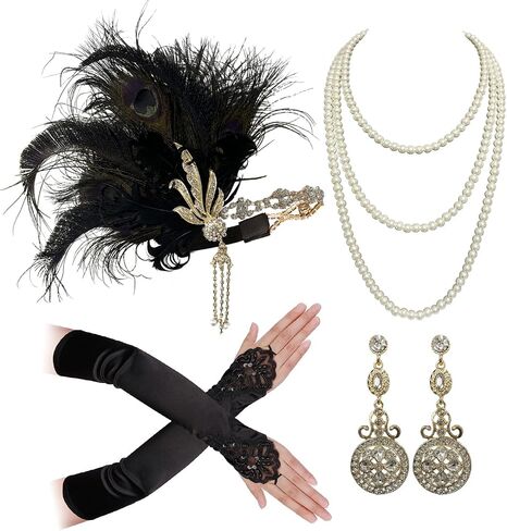 Cizoe Flapper Accessories for Women,20s Great Gatsby Accessory Set 1920s Peacock Headpiece Flapper Headband Gloves in Saudi Arabia