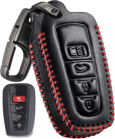 ملحقات تغطية مفتاح Slohif Leather FOB لـ Toyota لعام 2018-2022 Camry Rav4 Highlander Avalon C-HR Prius Corolla GT86 4 أزرار ، حقيبة جلدية+D-Ring+Hook (أسود) in Kuwait