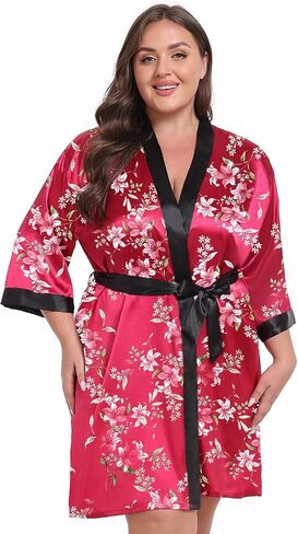 Women Plus Size Robe Knee Length Satin Kimono Bathrobe Floral Kimonos Sleepwear Dressing Gown in Saudi Arabia