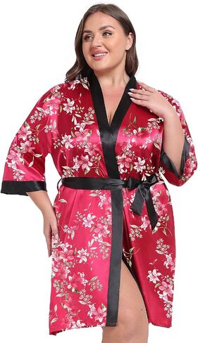 Women Plus Size Robe Knee Length Satin Kimono Bathrobe Floral Kimonos Sleepwear Dressing Gown in Saudi Arabia
