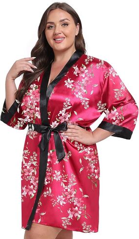 Women Plus Size Robe Knee Length Satin Kimono Bathrobe Floral Kimonos Sleepwear Dressing Gown in Saudi Arabia