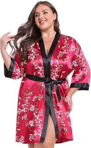 Women Plus Size Robe Knee Length Satin Kimono Bathrobe Floral Kimonos Sleepwear Dressing Gown in Saudi Arabia
