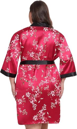 Women Plus Size Robe Knee Length Satin Kimono Bathrobe Floral Kimonos Sleepwear Dressing Gown in Saudi Arabia