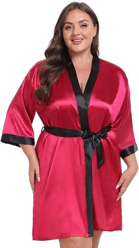 Women Plus Size Robe Knee Length Satin Kimono Bathrobe Floral Kimonos Sleepwear Dressing Gown in Saudi Arabia