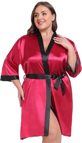 Women Plus Size Robe Knee Length Satin Kimono Bathrobe Floral Kimonos Sleepwear Dressing Gown in Saudi Arabia