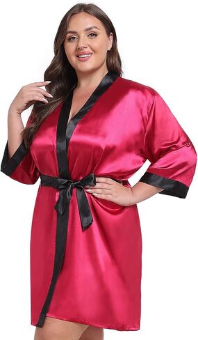 Women Plus Size Robe Knee Length Satin Kimono Bathrobe Floral Kimonos Sleepwear Dressing Gown in Saudi Arabia