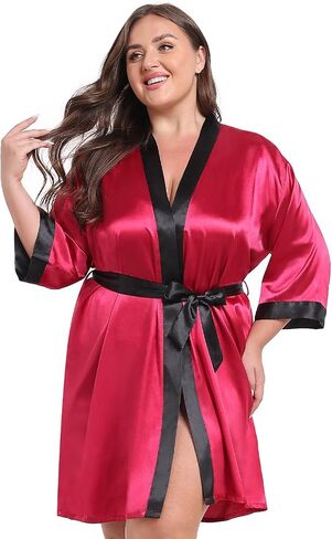 Women Plus Size Robe Knee Length Satin Kimono Bathrobe Floral Kimonos Sleepwear Dressing Gown in Saudi Arabia