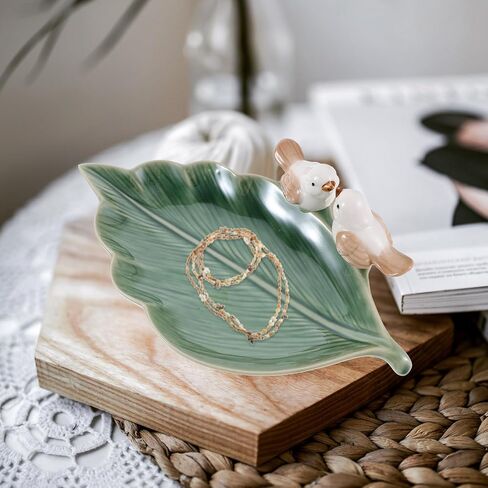 LOGOFUN Vintage Trinket Tray Bird on Leaf Shape Jewelry Display Dish Ceramic Ring Dish Holder for Bracelets Earrings Rings - Green in Saudi Arabia