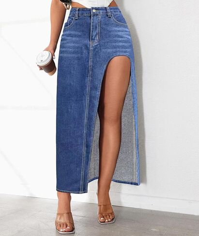 SEMATOMALA Women's Thigh High Split Maxi Denim Skirt High Waisted Cut Out High Low Asymmetrical Jeans Long Skirts in Saudi Arabia