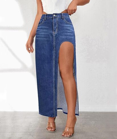 SEMATOMALA Women's Thigh High Split Maxi Denim Skirt High Waisted Cut Out High Low Asymmetrical Jeans Long Skirts in Saudi Arabia