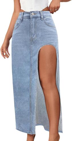 SEMATOMALA Women's Thigh High Split Maxi Denim Skirt High Waisted Cut Out High Low Asymmetrical Jeans Long Skirts in Saudi Arabia