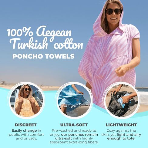 Nova Blue Tamel Poncho - أوراق النخيل الوردية الاستوائية تغطية ملابس السباحة - تغطية بدلة السباحة المغطاة بالغطاء (33 × 37) - فستان مناشف جاف تركي 100 ٪ للشاطئ والبركة in Saudi Arabia
