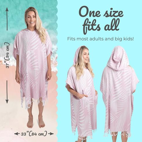 Nova Blue Tamel Poncho - أوراق النخيل الوردية الاستوائية تغطية ملابس السباحة - تغطية بدلة السباحة المغطاة بالغطاء (33 × 37) - فستان مناشف جاف تركي 100 ٪ للشاطئ والبركة in Saudi Arabia