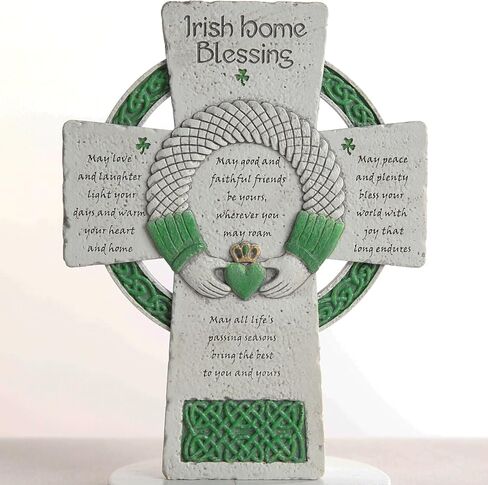 DevotedWalls 8 inch Traditional Irish Cross, Hand-Carved Celtic Cross for Wall Hanging, Hand-Painted Irish Blessing for Living Room, Green Celtic Blessing Home Decor,Ireland Gifts for Family and Friends (Stone & Green Color) in Saudi Arabia