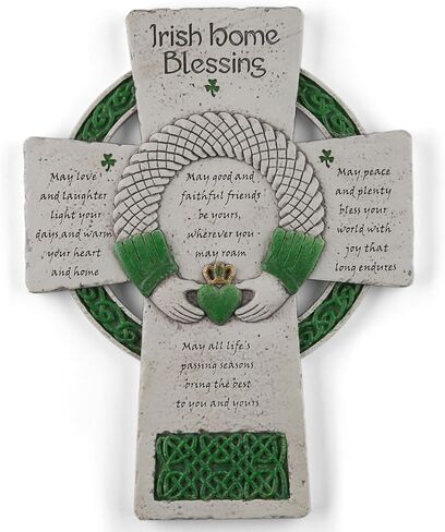 DevotedWalls 8 inch Traditional Irish Cross, Hand-Carved Celtic Cross for Wall Hanging, Hand-Painted Irish Blessing for Living Room, Green Celtic Blessing Home Decor,Ireland Gifts for Family and Friends (Stone & Green Color) in Saudi Arabia