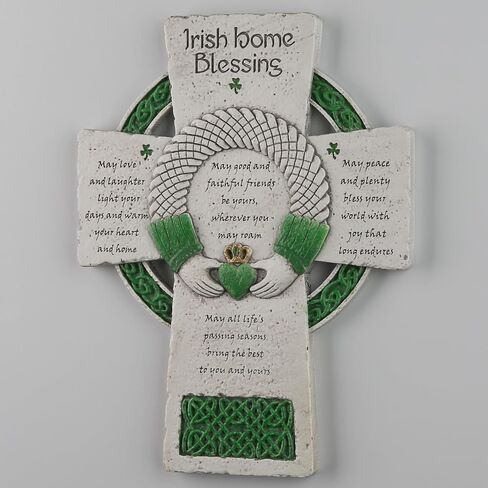 DevotedWalls 8 inch Traditional Irish Cross, Hand-Carved Celtic Cross for Wall Hanging, Hand-Painted Irish Blessing for Living Room, Green Celtic Blessing Home Decor,Ireland Gifts for Family and Friends (Stone & Green Color) in Saudi Arabia
